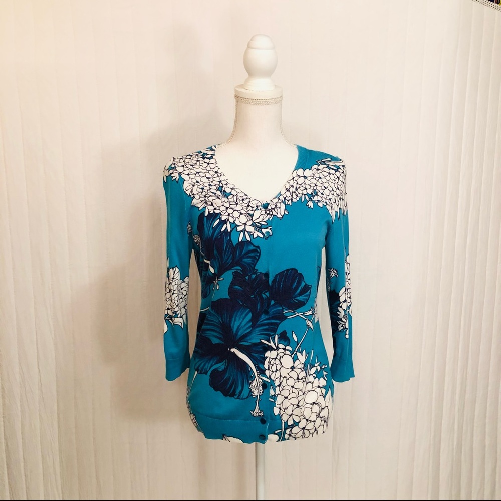Talbots Blue Multicolored Floral Cardigan
